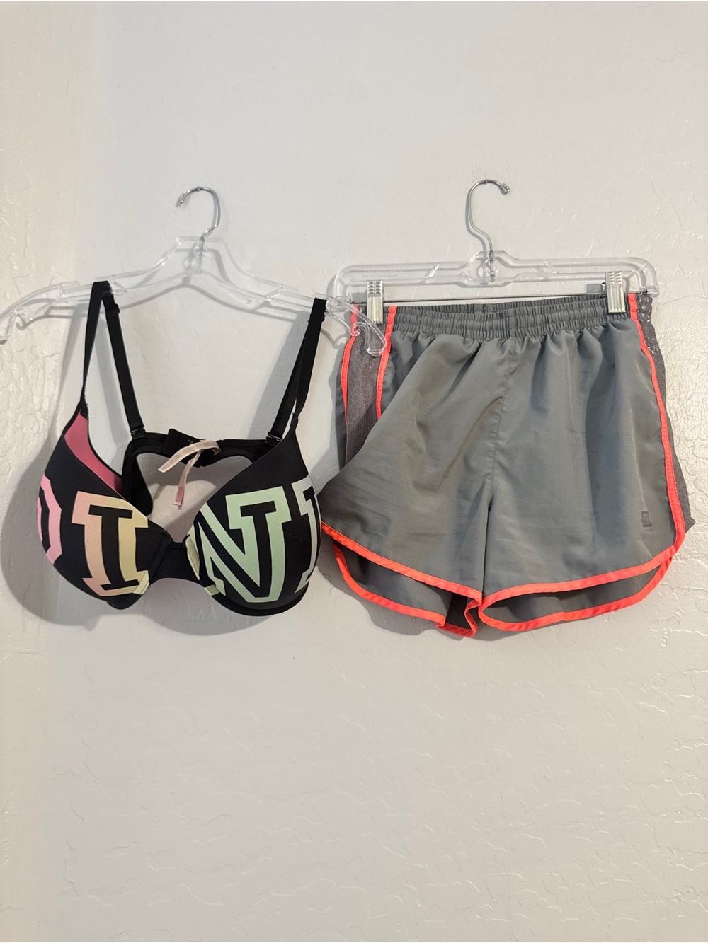👙PINK Victoria's Secret Gray Bra 36DD/Pink Athletic Shorts Size XS